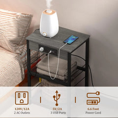 Bedside table with charging station, 3-story side table with USB port and socket, side table with living room with storage rack