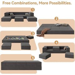 80'' Folding Bed Couch, Foam Floor Sofa with 3Ottomans& Washable Velvet Cover,Modular Sectional Sofa Futon Sleeper Convertible