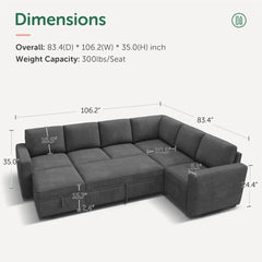 Modular Sectional Sleeper Sofa Bed, Corduroy Pull Out Couch with Storage Ottoman, U Shaped Sectional Couches for Living Room