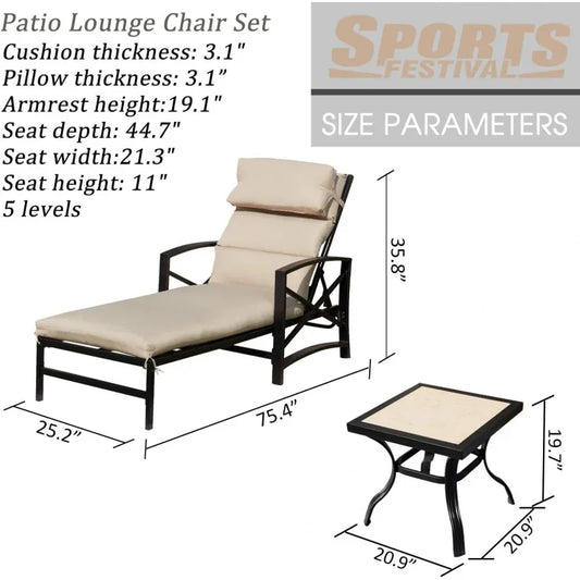 3Pcs Outdoor Lounge Chair Patio Chaise Set Including 2 Recliners with Adjustable Backrest Removable Cushions Khaki