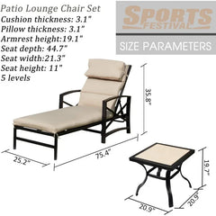 3Pcs Outdoor Lounge Chair Patio Chaise Set Including 2 Recliners with Adjustable Backrest Removable Cushions Khaki