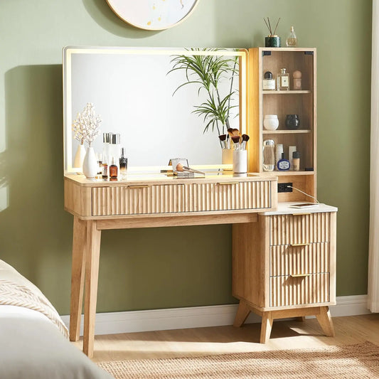 48" Fluted Makeup Vanity Desk with Large 36" Mirror and Lights, Modern Glass Top Big Vanity Table with 5 Drawers