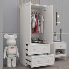 2 Door Armoire Wardrobe Closet with 2 Drawers, Armoires and Wardrobe with Hanging Rod, Wooden Armoire Wardrobe for Bedroom