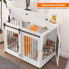 Dog Crate, End Table with Wheels and Flip Top Plate Dog House with Detachable Divider and Sliding Barn Door, Dog Crate