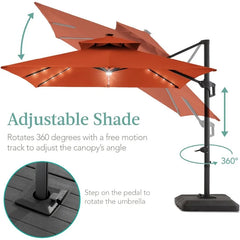 10x10ft 2-Tier Square Cantilever Patio Umbrella with Solar LED Lights, Offset Hanging Outdoor Sun Shade