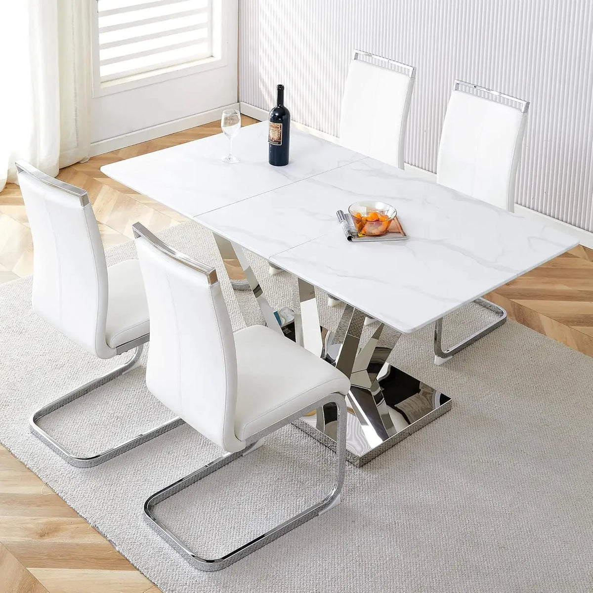 5 Piece Dining Table Set, Dining Table with Chairs, Marble Top Tables Set for 4, Stainless Steel Base, Dining Table Set