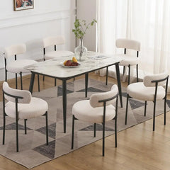 Dining Chairs Set of 6, Round Upholstered Kitchen Dining Room Chairs, Curved Backrest Boucle Chair for Kitchen, Dining Room