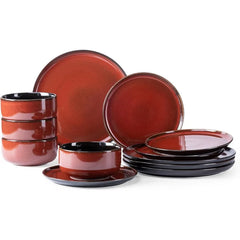 Ceramic Dinnerware Sets,12-Piece Plates and Bowls,Handmade Reactive Glaze Dishes Set,Chip Resistant and Scratch Resistant