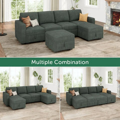 Modular Sectional Sleeper Sofa Bed, Corduroy Pull Out Couch with Storage Ottoman, U Shaped Sectional Couches for Living Room