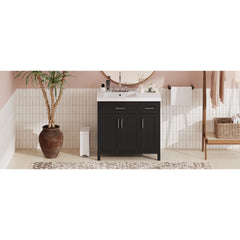 36" Black Bathroom Vanity Cabinet with Resin Integrated Sink - 2 Drawers, 3 Doors