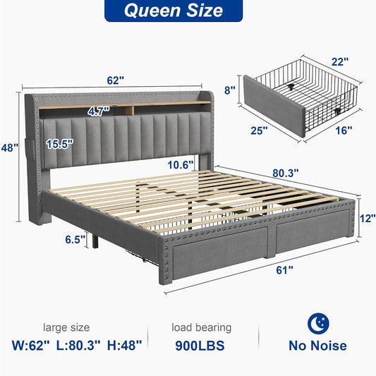 EH queen bed frame with headboard and storage space cushion, queen size bed frame with 2 drawers, noiseless box springs