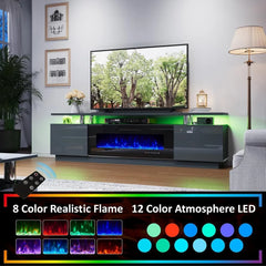 Fireplace TV Stand with 40" Fireplace, 80" Modern High Gloss Fireplace Entertainment Center LED Lights 2 Tier TV Console Cabinet