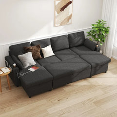 DURASPACE Sofa Bed Pull Out Couch Sleeper with Storage Chaise, with USB Charging Ports, Cup Holder