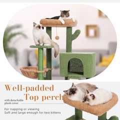 41''&36'' Cactus Cat Tree Tower with Sisal Scratch Posts Cozy Condo for Indoor Cats Multi-Level Climbing Stand with Soft Hammock