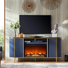 70" Fluted Fireplace TV Stand Modern Chic Entertainment Center for TVs Up to 80 inches TV Console with Faux Marble Top Navy Blue