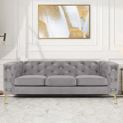 Velvet Button Tufted Upholstered Couch, Settee Sofa with High Arm and Golden Metal Legs, Couches for Living Room Bedroom Office