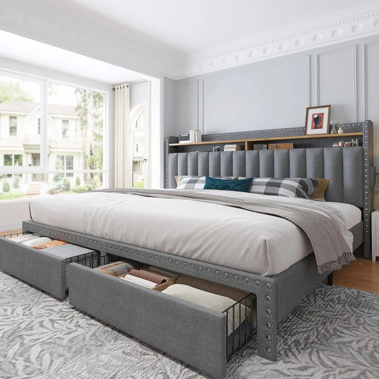 King Size Bed Frame with Storage and Headboard, Upholstered King Bed Frame with Storage, Grey King Bed Frame with 2 Drawers