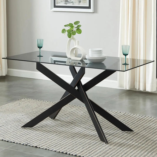 58.5” Rectangle Glass Dining Table, Tempered Glass Tabletop and Metal Tubular Legs, Modern Style Table for Home,