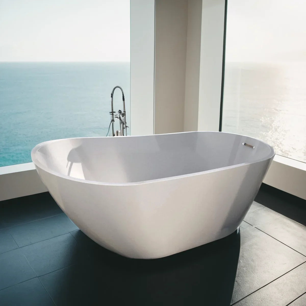 Glossy Acrylic Freestanding Soaking Bathtub with Chrome Overflow and Drain