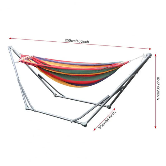 Double Hammock with Space Saving Metal Stand and Carrying Bag Indoor Hammock Stand Striped Print Dual-bar Rainbow Hanging Bed