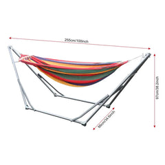 Double Hammock with Space Saving Metal Stand and Carrying Bag Indoor Hammock Stand Striped Print Dual-bar Rainbow Hanging Bed