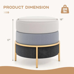 Round Vanity Stool, Linen Fabric Ottoman Footrest with Cushioned Seat,Upholstered Makeup Chair, Dressing Table Stool for Bedroom