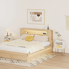 Rattan Nightstand with Charging Station, 2 Drawer Dresser for Bedroom, Small Bedside Table with 2 Drawers, Night Stand,