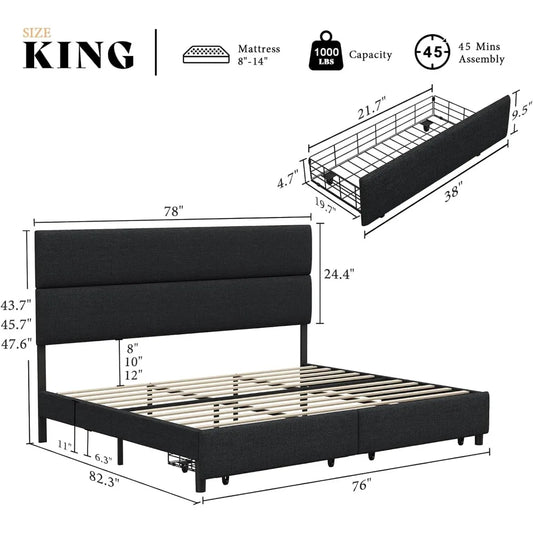 Bed Frame, King, 47.6 Inches, Linen Upholstery with 2 Drawers,Height Adjustable Headboard,No Springs Required,Platform Bed Frame