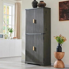 Fluted Pantry Cabinet,  Modern Storage Cabinet with 4 Doors, Organizer, Drawer and Adjustable Shelves, Wood Cupboard