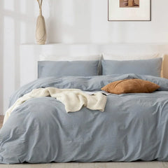 Duvet Cover Set- 100% Washed Cotton 3 Pcs Soft Comfy Breathable Chic Linen Feel Bedding, 1 Duvet Cover and 2 Pillow Shams