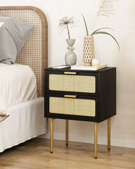 Rattan Nightstand with Charging Station, 2 Drawer Dresser for Bedroom, Small Bedside Table with 2 Drawers, Night Stand,