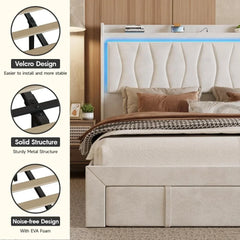 Bed Frame with LED Light and 3 Drawers Storage, Charging Station Wingback Tall Headboard, Upholstered Velvet Platform Bed Frame