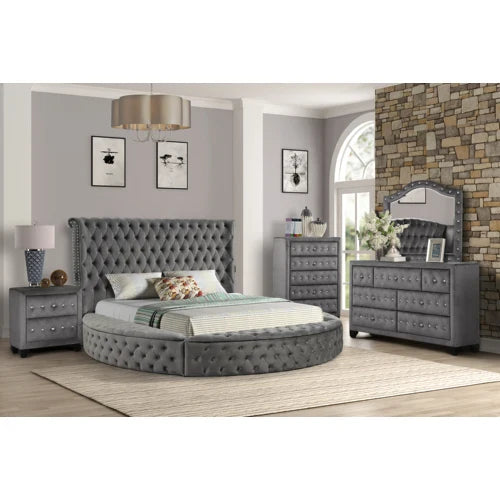 Bedroom Furniture 4 PCS Bedroom Set Include Luxury Queen Round Bed 1 Nightstand 1 Dresser with Mirror Glamorous Furniture