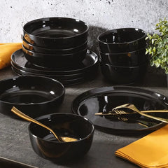 16 Piece Porcelain Dinnerware Set, White w/Black Rim, Service for 4, Dishwasher and Microwave Safe