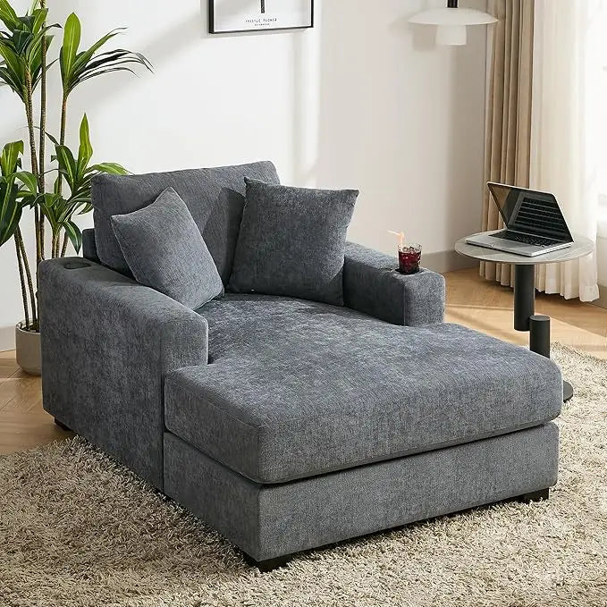 Indoor Oversized Chaise Lounger, Chenille Fabric Sleeper Sofa Couch with Pillows, Charge Station & Cup Holders