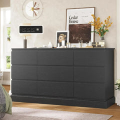 Bedroom Dresser , 61.4" Wide Dresser Chest of Drawers , Long Dresser TV Stand with Power Outlets, Sturdy Storage Cabinet