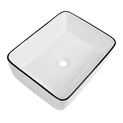 Ceramic Rectangular Bathroom Vessel Sink, 19'' X 15'' Above Counter Porcelain Small Sink, White Body With Black Trim On The Top