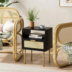 Rattan Nightstand with Charging Station, 2 Drawer Dresser for Bedroom, Small Bedside Table with 2 Drawers, Night Stand,