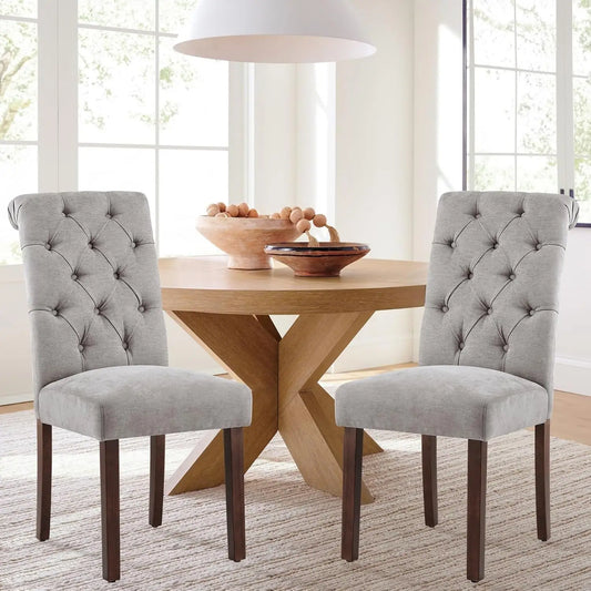 Button Tufted Dining Chairs Set of 4 Parsons Upholstered Fabric Dining Room Chairs Kitchen Chairs Wood Legs Padded Light Grey