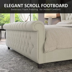 King Size Platform Bed Frame, Chenille Upholstered Sleigh Bed with Scroll Wingback Headboard & Footboard/Button Tufted Cream