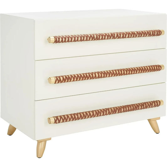 3-Drawer Nightstand, Dresser Chest, Wood End Table ,White/Gold Beside Table