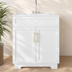 Bathroom Vanity with Ceramic Sink, Bathroom Vanity Cabinet with 2 Doors, 30 Inches Wooden Bathroom Sink Cabinet