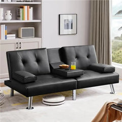 Convertible Futon Sofa Bed Recliner Lounger Folding Sleeper Guest Bed Cup Holder Removable Faux Leather Sofa