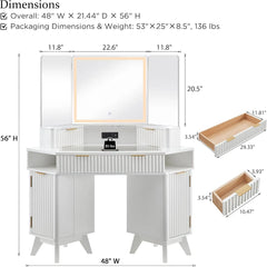 Fluted Makeup Vanity Desk with 3 Way Mirror and Lights, 48" Large Corner Vanity Table with Glass Top, Charging Station, 3 Drawer