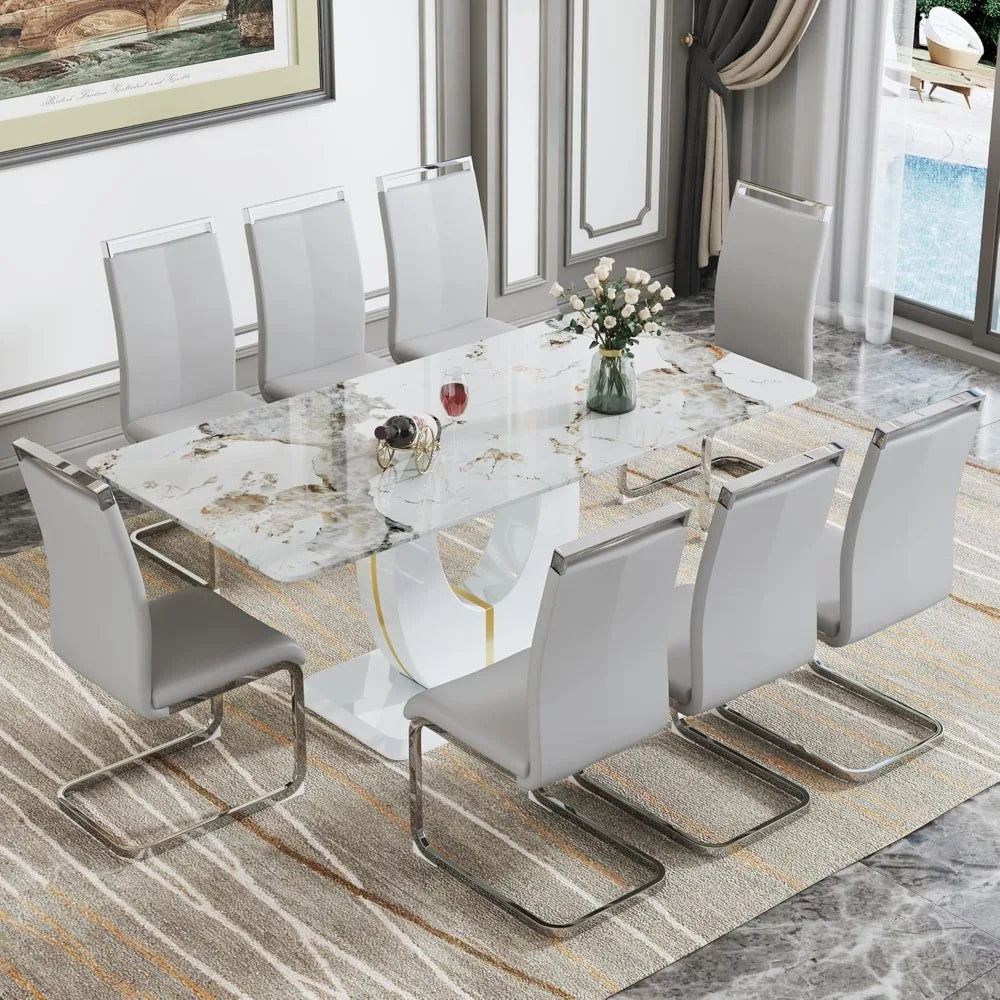 71" Dinner Tables Sets, White Faux Marble Table, 8 Leather Upholstered Chairs, Ideal for Kitchen Dining Room. Dining Table Set