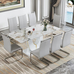 71" Dinner Tables Sets, White Faux Marble Table, 8 Leather Upholstered Chairs, Ideal for Kitchen Dining Room. Dining Table Set