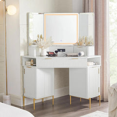 Fluted Makeup Vanity Desk with HD Triple Mirror and Lights, Large Lighted Corner Vanity with Glass Top, Modern Dressing Table