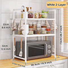 Durable Microwave Stand Shelf - Heavy Duty Countertop Rack for Oven, Spice & Dish Storage with Hooks, Plastic Utility Organizer