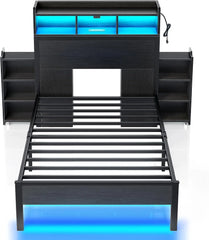 Bed Frame with Bookcase Storage Headboard,Slide Out Bedside Storage, Bed with Charging Station&LED Lights Heavy Duty Metal Slats