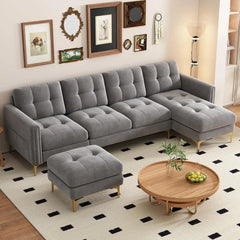 Modern Velvet Large Sectional Sofa with Chaise Ottoman Storage U Shape Couch Living Room Relaxing Comfort with Tufted Cushions